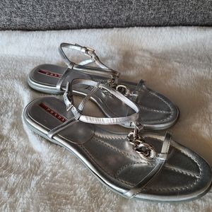 Prada Silver Leather Chain Strap Flat Sandals sz 38